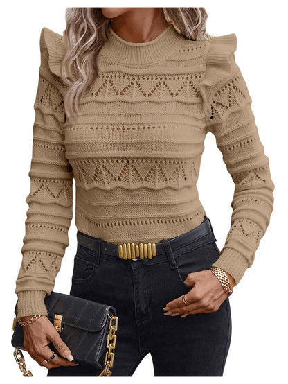 GORGLITTER Womens Ruffle Long Sleeve Knit Sweater Hollow Out Crew Neck Fall Trendy Pullover Tops Brown Large-US