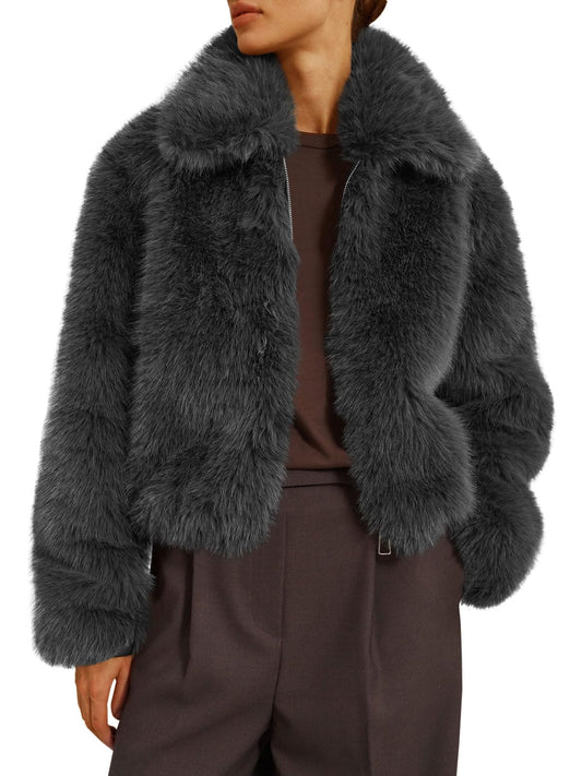 Perssia FrostLuxe™ Cropped Faux Fur Jacket Womens Cropped Faux Fur Jacket Shaggy Lapel Zip Up Winter Coats Fuzzy Warm Outerwear - PERSSIA