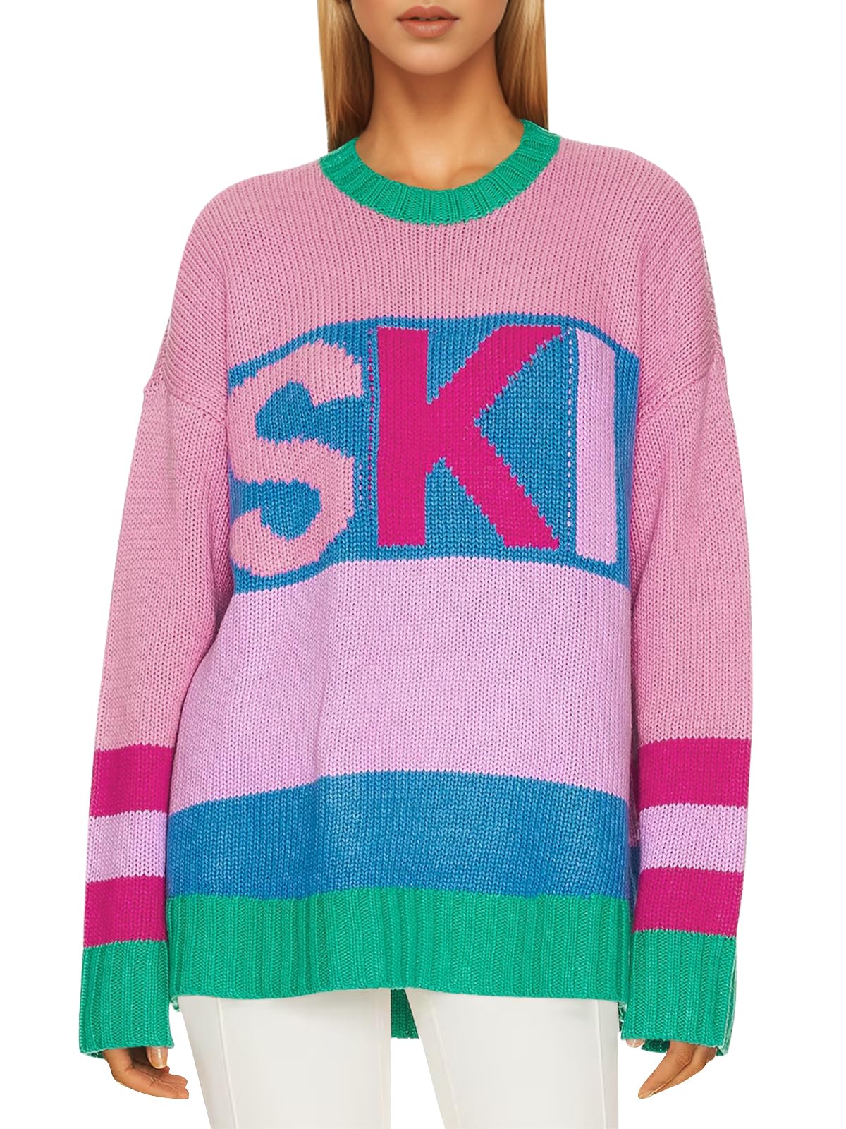 Saodimallsu Oversized Color Block Ski Print Sweater – Pink Pink-US2D