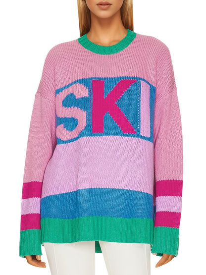 Saodimallsu Oversized Color Block Ski Print Sweater – Pink Pink-US2D