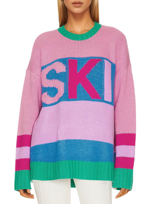 Saodimallsu Oversized Color Block Ski Print Sweater – Pink Pink-US2D