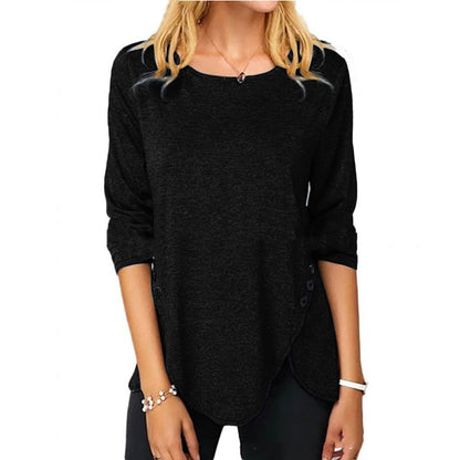 Irregular Button Hem Long Sleeved Round Neck Oversized T-shirt-US