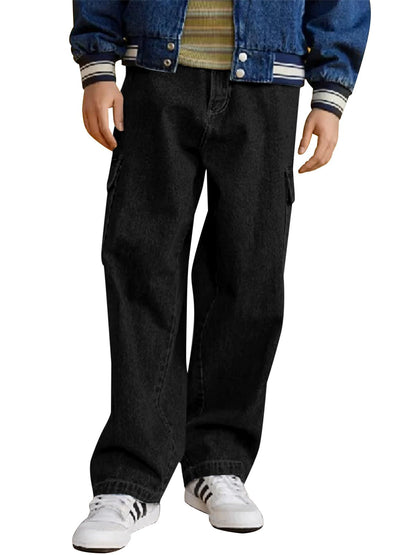 Perssia UrbanRider™ Boys Cargo Jeans Haloumoning Boys Cargo Baggy Pants Elastic Waist Wide Leg Jeans Casual Demin Pants with Pockets 5-14 Years Black - PERSSIA