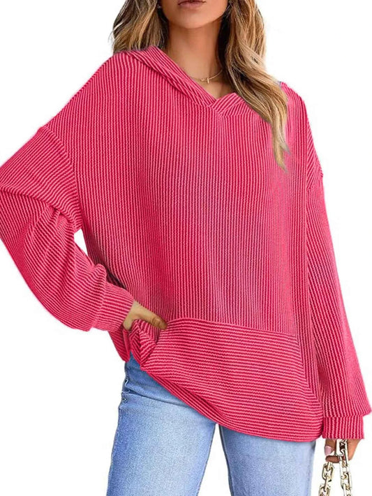 Ribbed Oversized Hoodie Sweatshirt with Pocket-Tre(INT8D)