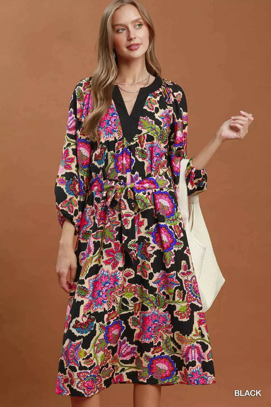 Umgee Abstract Print Embroidered Belted Midi Dress - TreUS