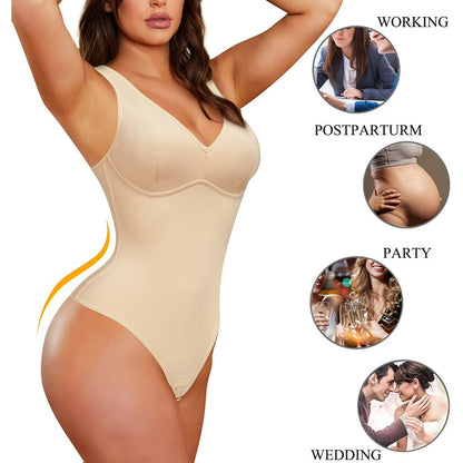 “LUMISNATCH™ LACE SCULPT BODYSUIT” MERYOSZ Shapewear Bodysuit Tummy Control Body Shaper for Women V Neck Bodysuits Thong Lace Camisoles Jumpsuit Tops (Beige X-Large)