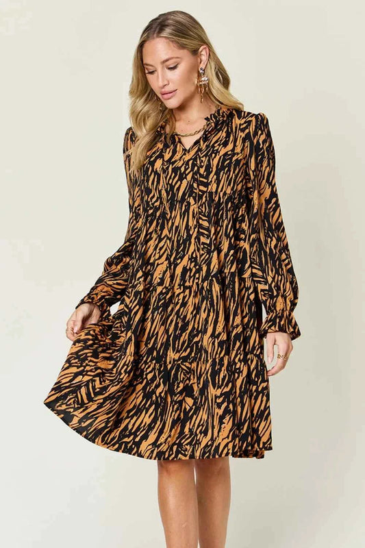 Double Take Full Size Printed Ruffle Hem Long Sleeve Dress Plus Size-Tre(INT8D)