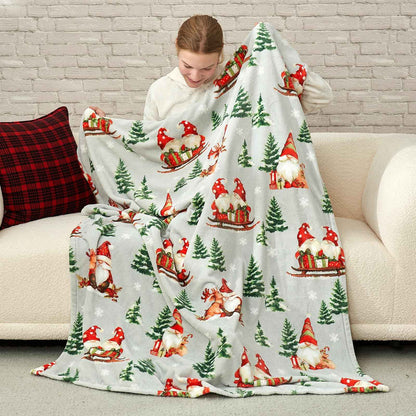 Cozy Bliss Gnome Throw Blanket Christmas Blanket Warm Plush Throw Blanket Ultra Soft Cozy Throw Blanket for Couch Sofa and Bed (Xmas Gnome in Sleigh 50" x 60")-US