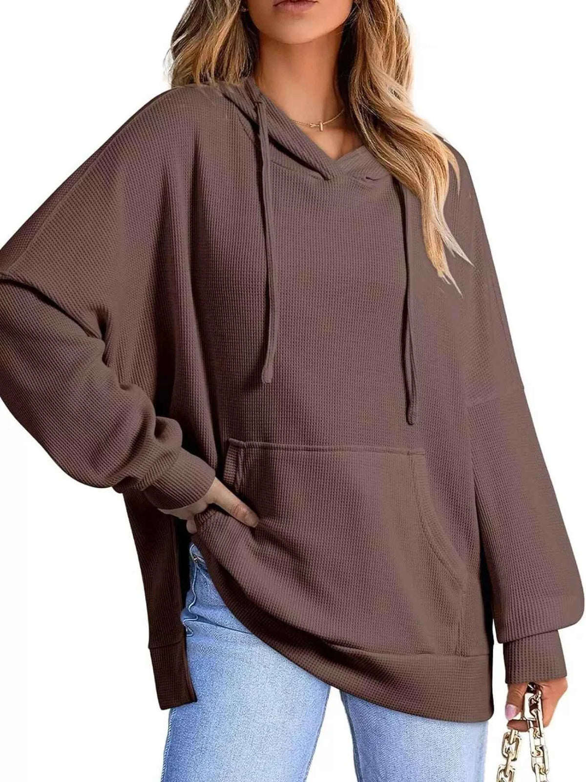 Oversized Drawstring Side Slit Hoodie-Tre(INT8D)