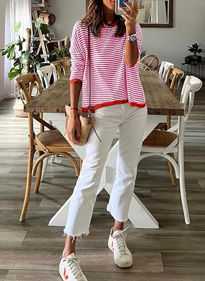 ATHMILE Striped Color Block Knit Sweater – Pink, Crew Neck, Long Sleeve, XL -US2D