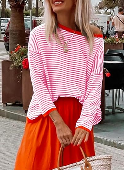 ATHMILE Striped Color Block Knit Sweater – Pink, Crew Neck, Long Sleeve, XL -US2D