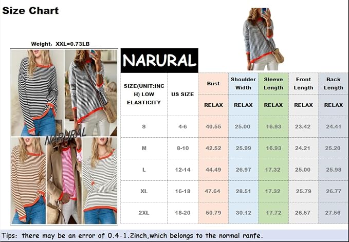 ATHMILE Striped Color Block Knit Sweater – Pink, Crew Neck, Long Sleeve, XL -US2D