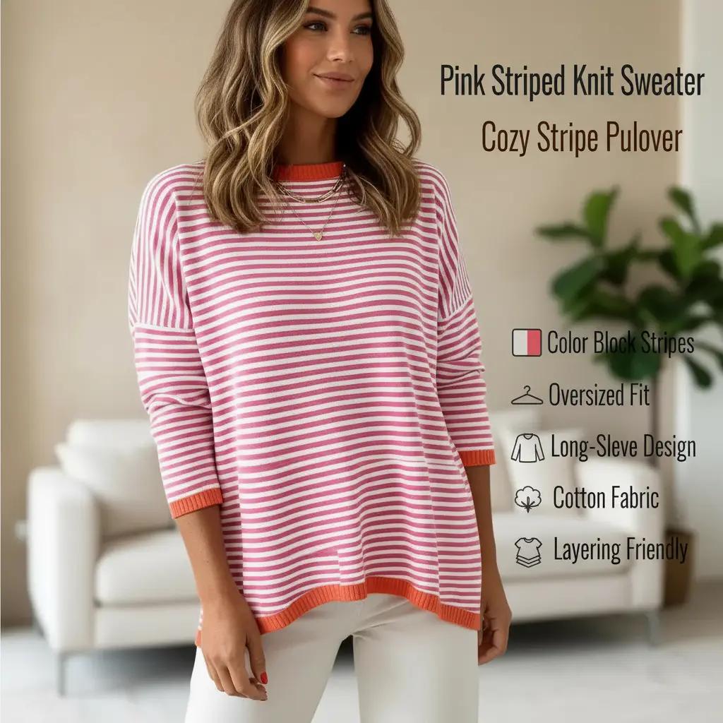 ATHMILE Striped Color Block Knit Sweater – Pink, Crew Neck, Long Sleeve, XL -US2D