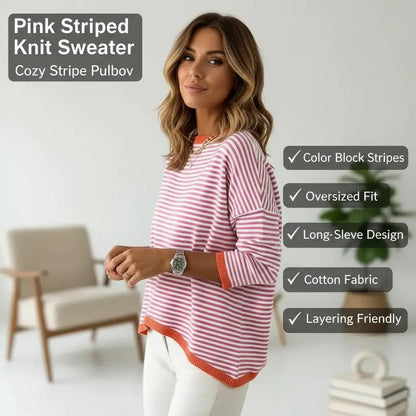 ATHMILE Striped Color Block Knit Sweater – Pink, Crew Neck, Long Sleeve, XL -US2D