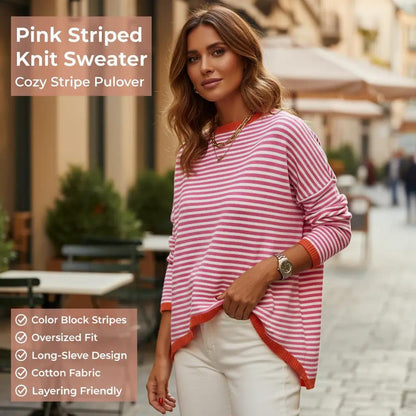 ATHMILE Striped Color Block Knit Sweater – Pink, Crew Neck, Long Sleeve, XL -US2D