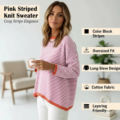ATHMILE Striped Color Block Knit Sweater – Pink, Crew Neck, Long Sleeve, XL -US2D