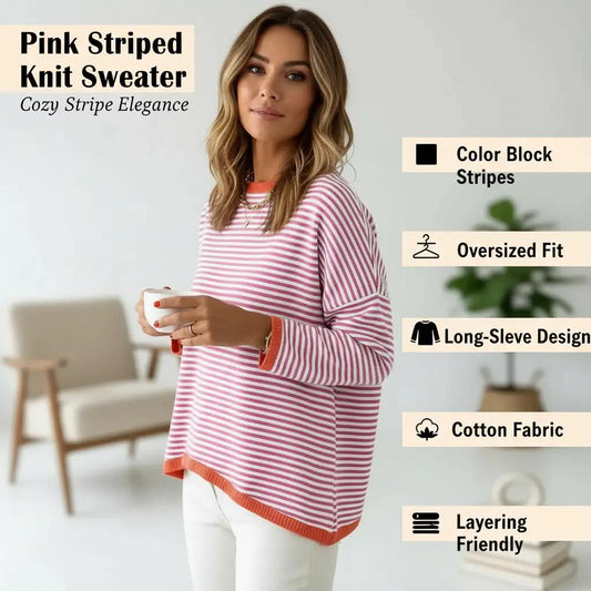 ATHMILE Striped Color Block Knit Sweater – Pink X-Large-US2D