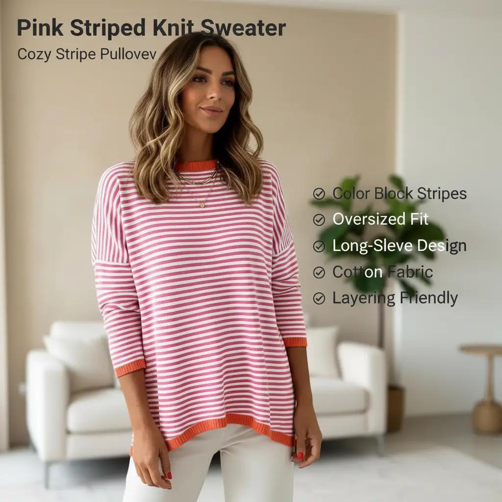 ATHMILE Striped Color Block Knit Sweater – Pink, Crew Neck, Long Sleeve, XL -US2D