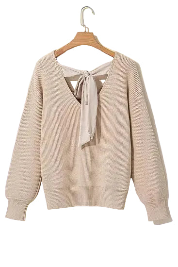 Bow Backless Deep V‑Neck Lantern Sleeve women Sweater – Apricot -US2D