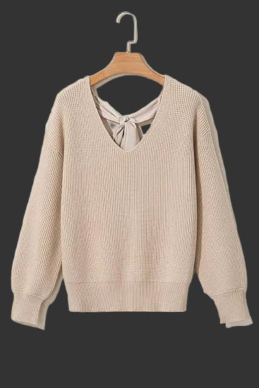Bow Backless Deep V‑Neck Lantern Sleeve women Sweater – Apricot -US2D
