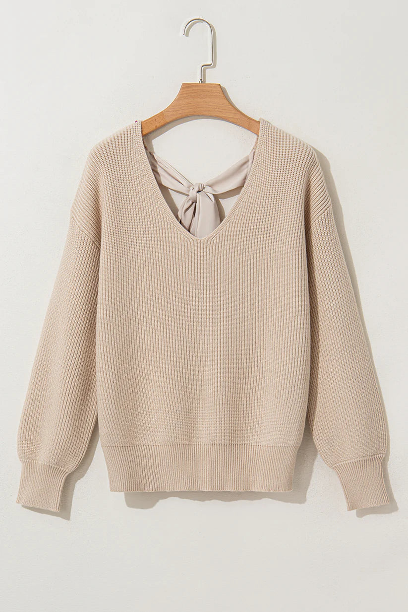 Bow Backless Deep V‑Neck Lantern Sleeve women Sweater – Apricot -US2D