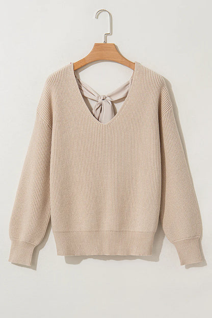 Bow Backless Deep V‑Neck Lantern Sleeve women Sweater – Apricot -US2D