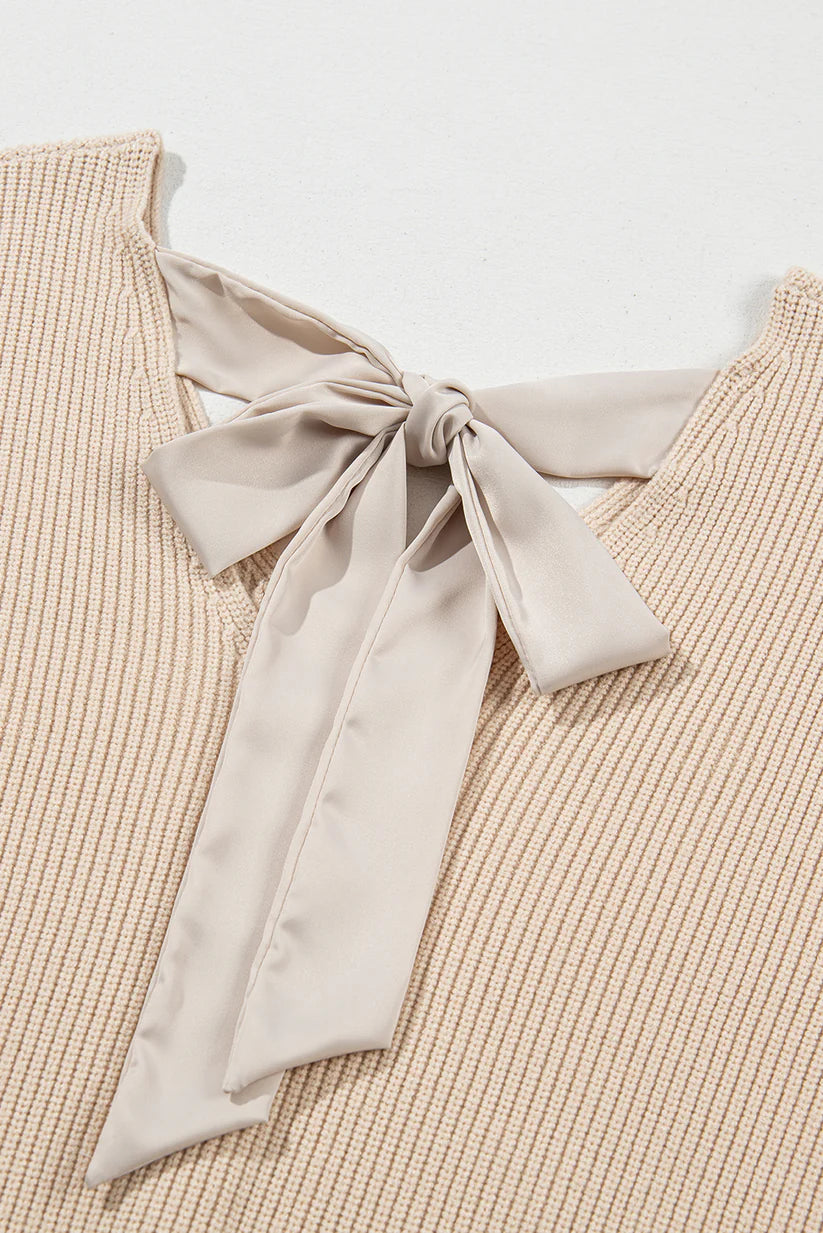 Bow Backless Deep V‑Neck Lantern Sleeve women Sweater – Apricot -US2D