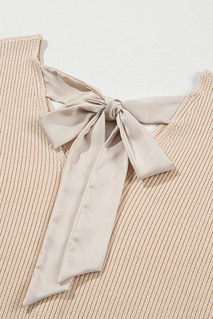Bow Backless Deep V‑Neck Lantern Sleeve women Sweater – Apricot -US2D