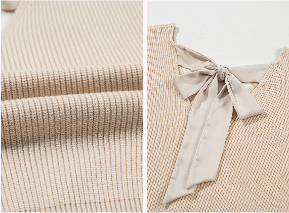 Bow Backless Deep V‑Neck Lantern Sleeve women Sweater – Apricot -US2D
