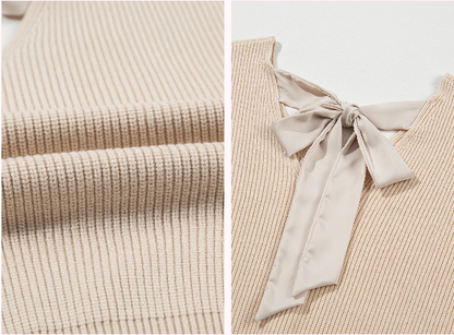 Bow Backless Deep V‑Neck Lantern Sleeve women Sweater – Apricot -US2D
