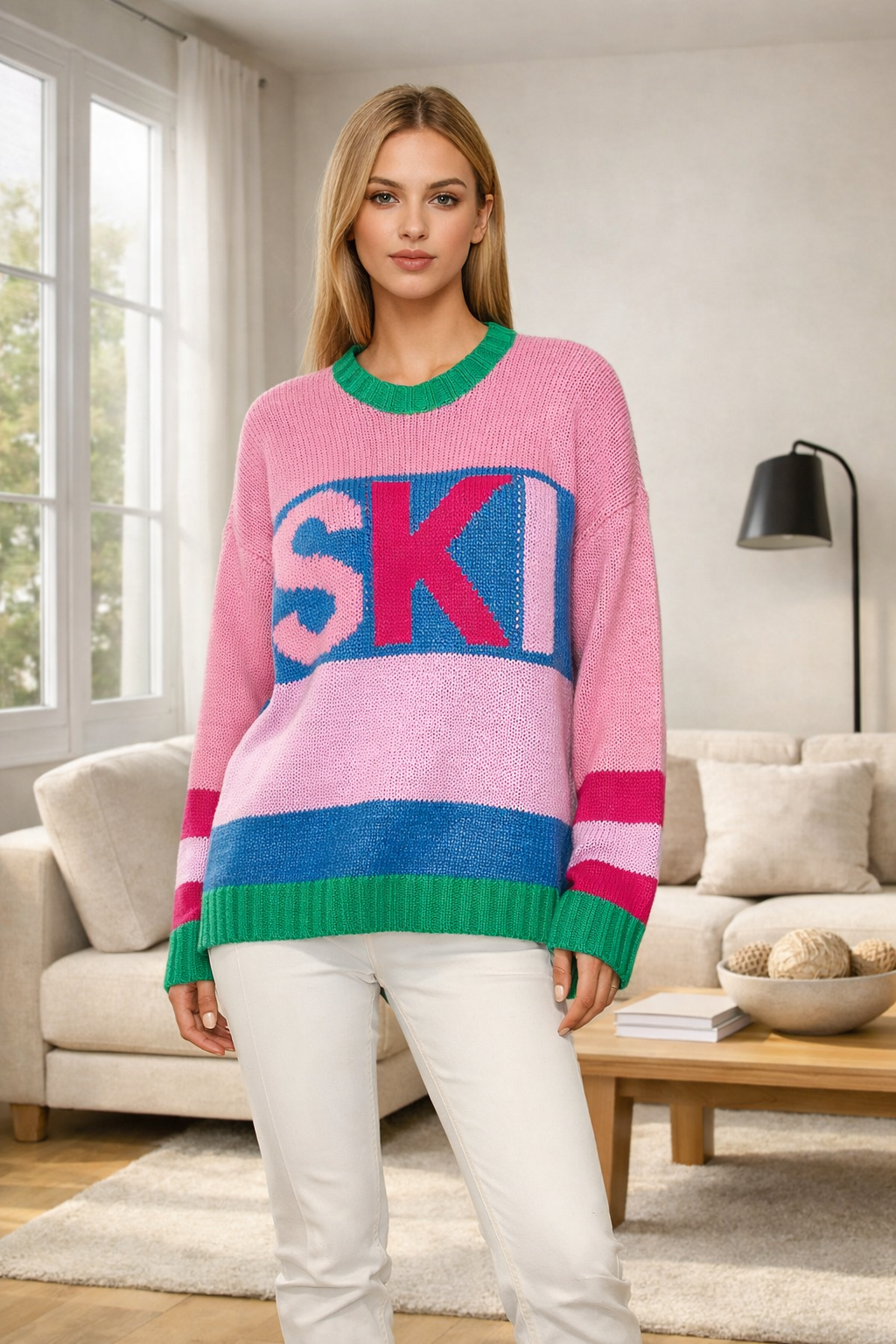A woman wearing a colorful oversized sweater with the word ‘SKI’ stands beside a beige sectional sofa in a bright living room with natural daylight.