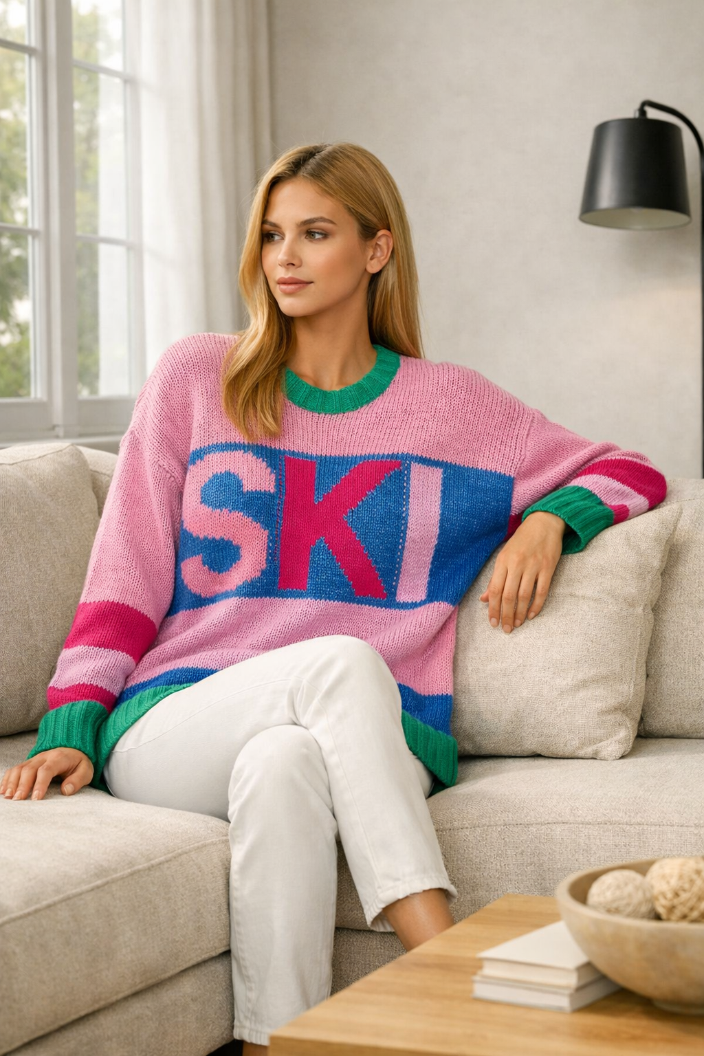 A woman in a pink, blue, and green ‘SKI’ sweater sits casually on a beige sofa with her legs crossed, gazing off to the side in soft daylight.