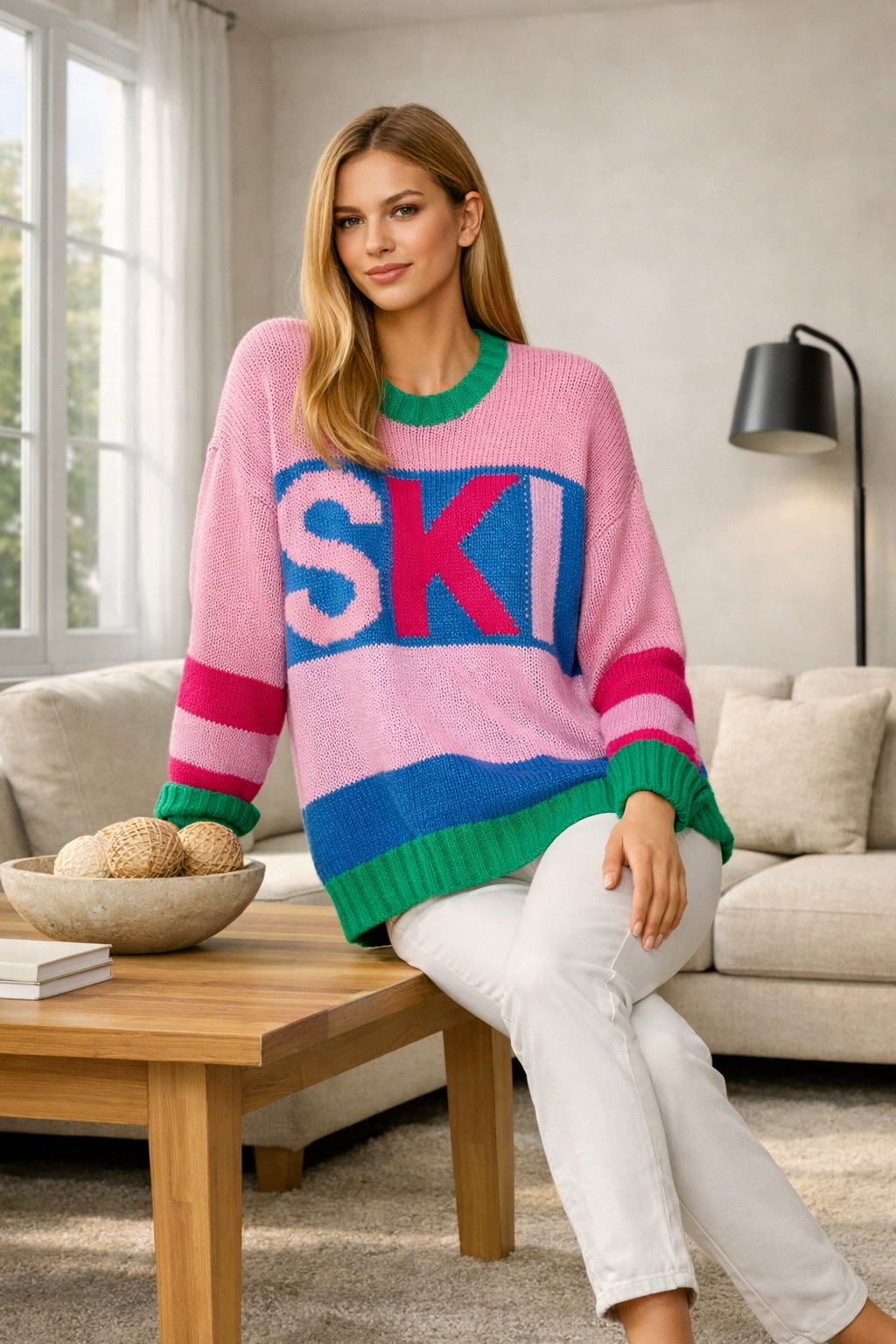 A woman in a vibrant ‘SKI’ sweater leans against a light wood coffee table in a minimalist living room, smiling warmly under natural light