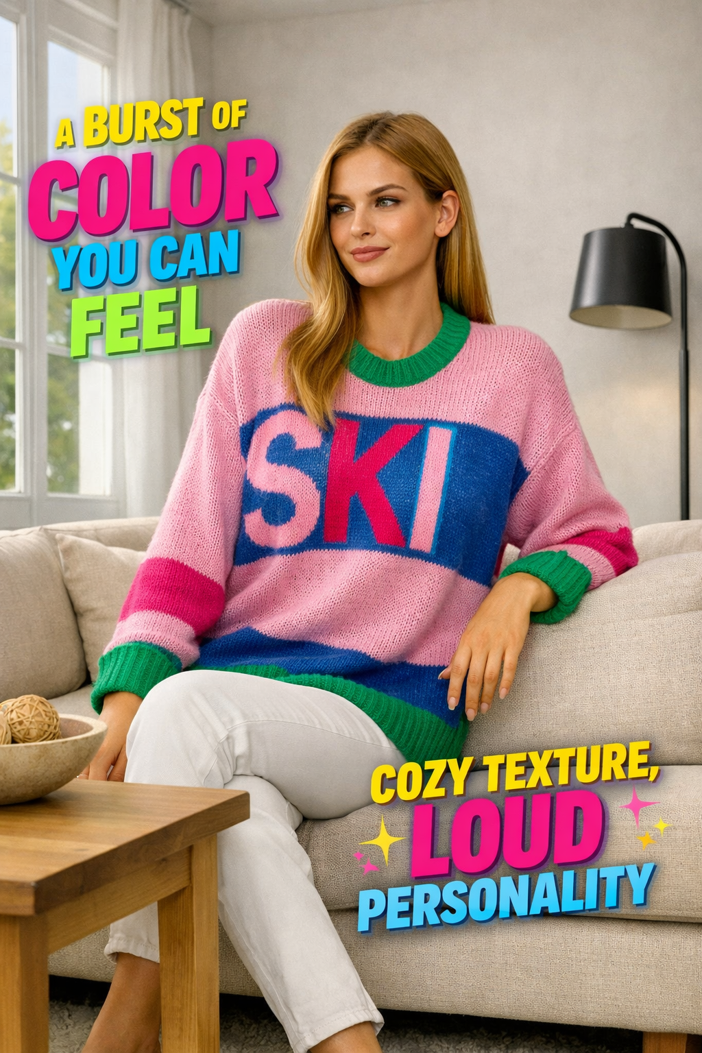 Saodimallsu Oversized Color Block Ski Print Sweater – Pink Pink-US2D