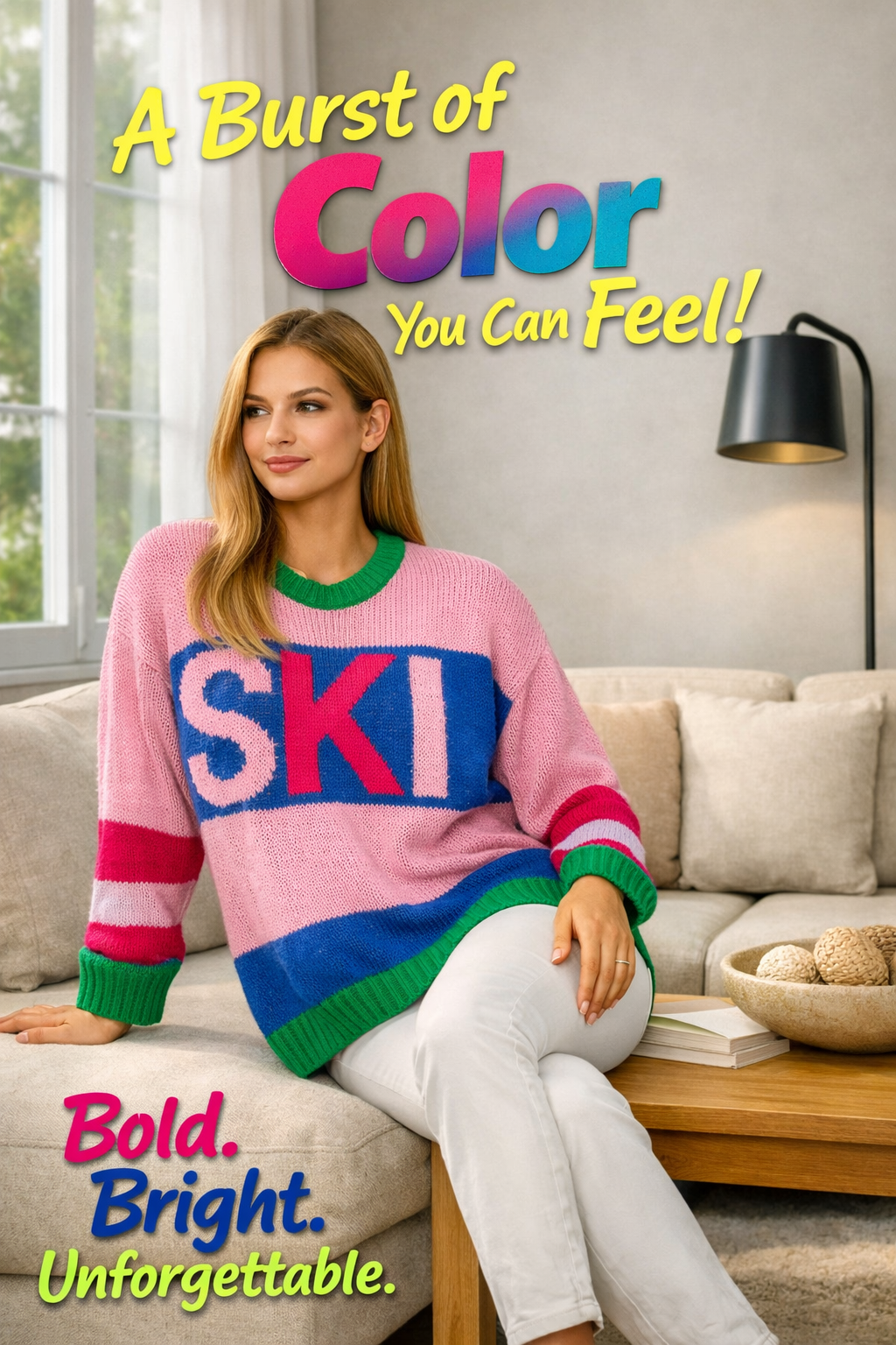 Saodimallsu Oversized Color Block Ski Print Sweater – Pink Pink-US2D