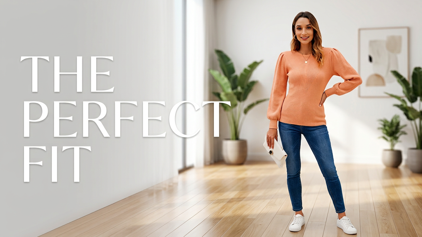 FEKOAFE Puff Sleeve Slim Fit Sweater – Apricot, Crew Neck, Stretch Knit, L‑US2D