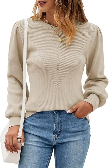 FEKOAFE Puff Sleeve Slim Fit Sweater – Apricot, Crew Neck, Stretch Knit, L‑US2D