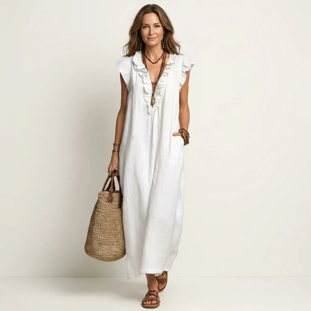 Full Size Ruffled V‑Neck Cap Sleeve Maxi Dress – Plus Size, Lightweight Polyester, S–3XL - TreUS2D