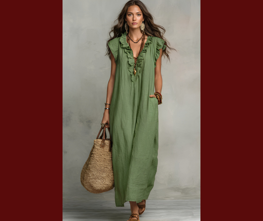 Full Size Ruffled V‑Neck Cap Sleeve Maxi Dress – Plus Size, Lightweight Polyester, S–3XL - TreUS