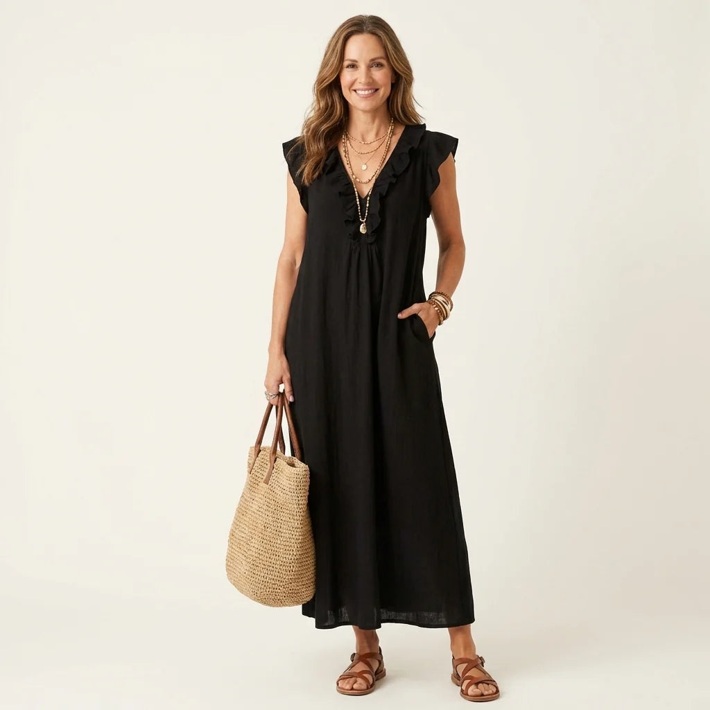 Full Size Ruffled V‑Neck Cap Sleeve Maxi Dress – Plus Size, Lightweight Polyester, S–3XL - TreUS2D