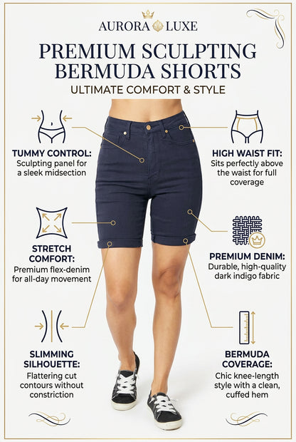 Feature Infographic, Woman wearing dark indigo high-waist Bermuda denim shorts with tummy-control design, cuffed hems, classic five-pocket styling, and a flattering slim silhouette for everyday summer wear.