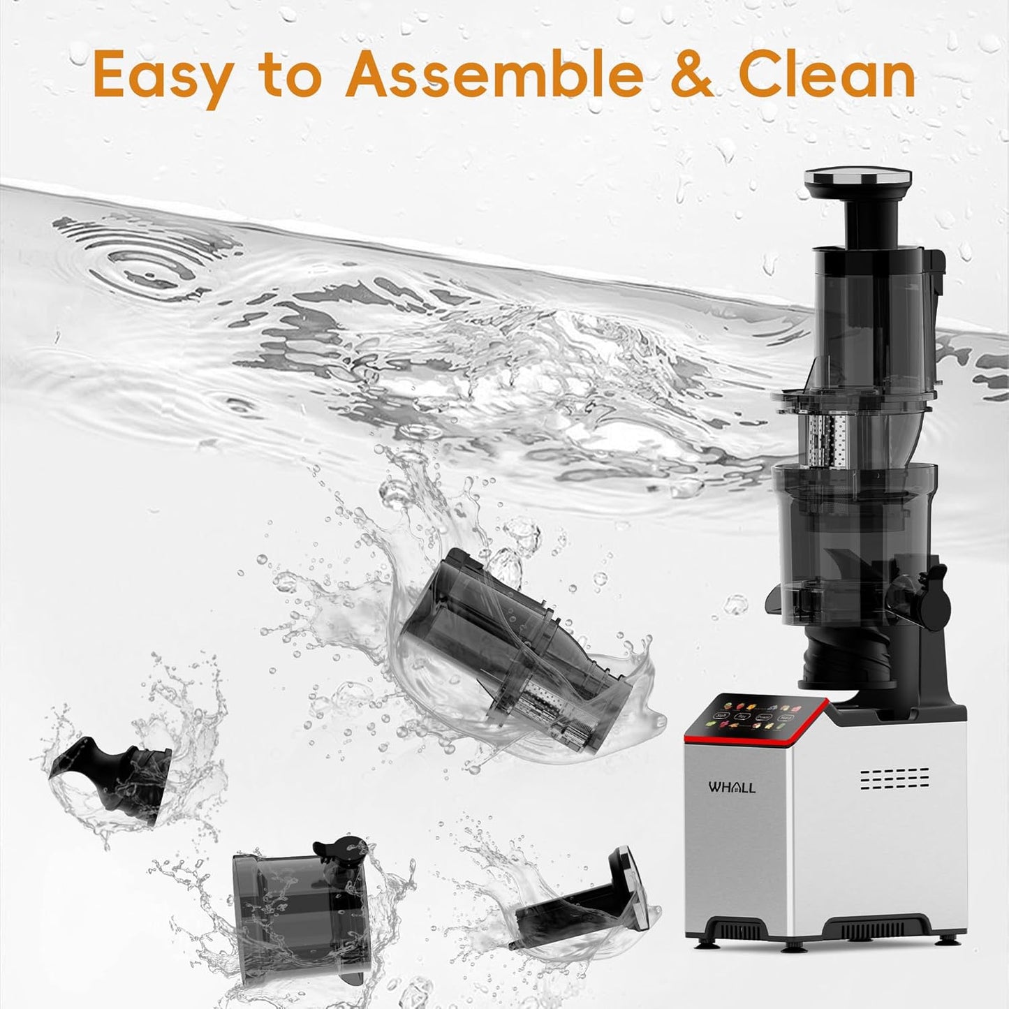 JuiceFlow 150W Slow Masticating Juicer — WHALL Stainless • Touchscreen • 2‑Speed Cold Press