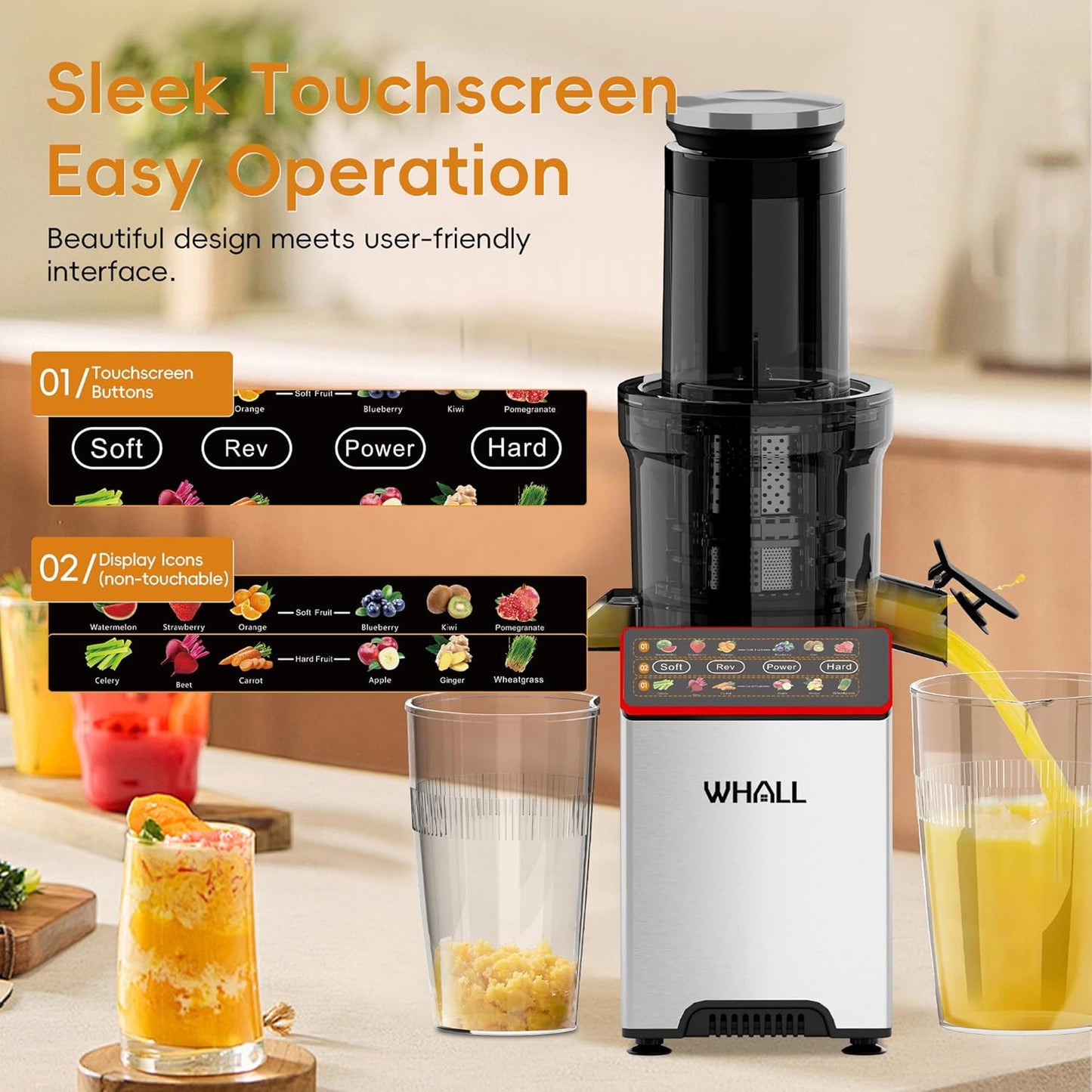 JuiceFlow 150W Slow Masticating Juicer — WHALL Stainless • Touchscreen • 2‑Speed Cold Press