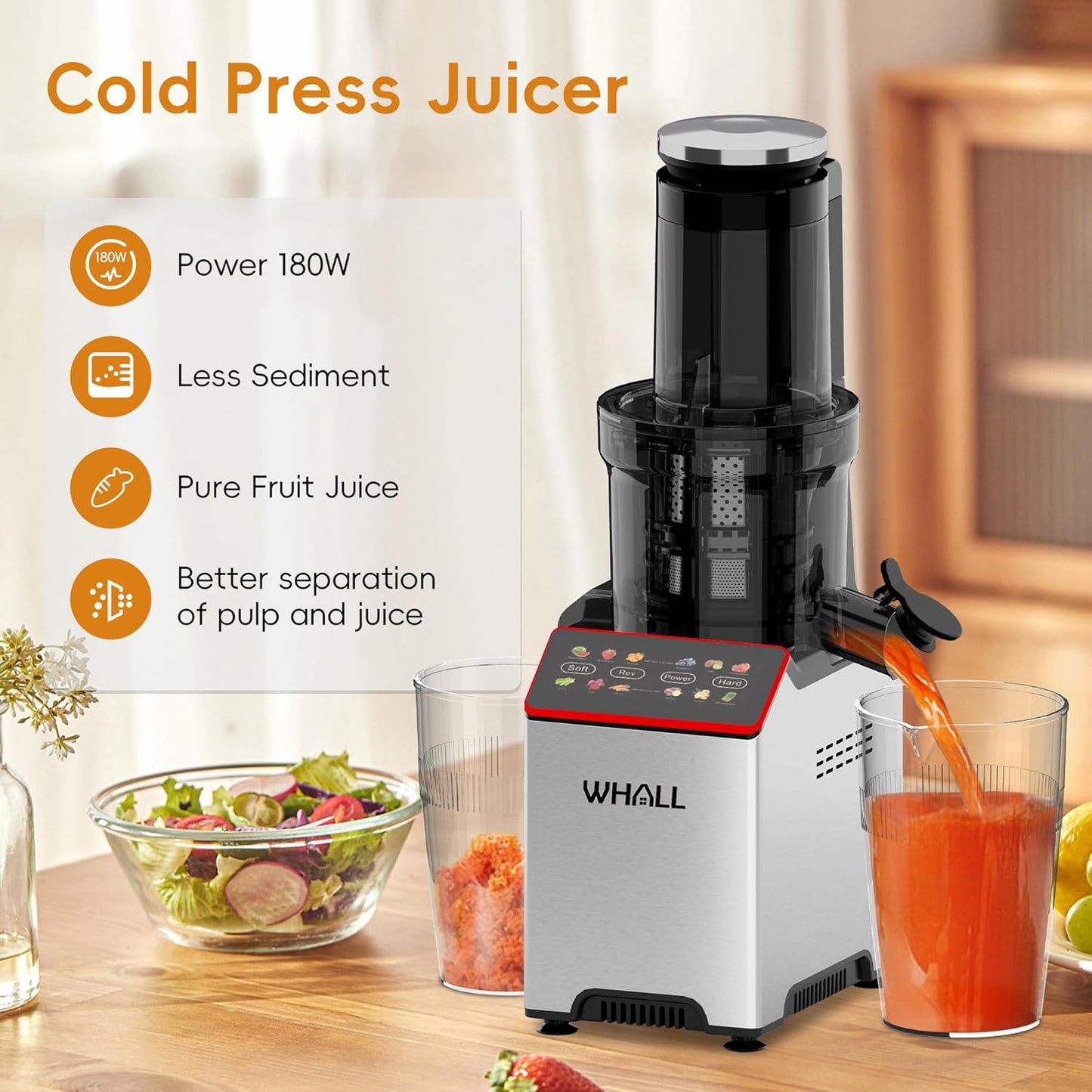JuiceFlow 150W Slow Masticating Juicer — WHALL Stainless • Touchscreen • 2‑Speed Cold Press