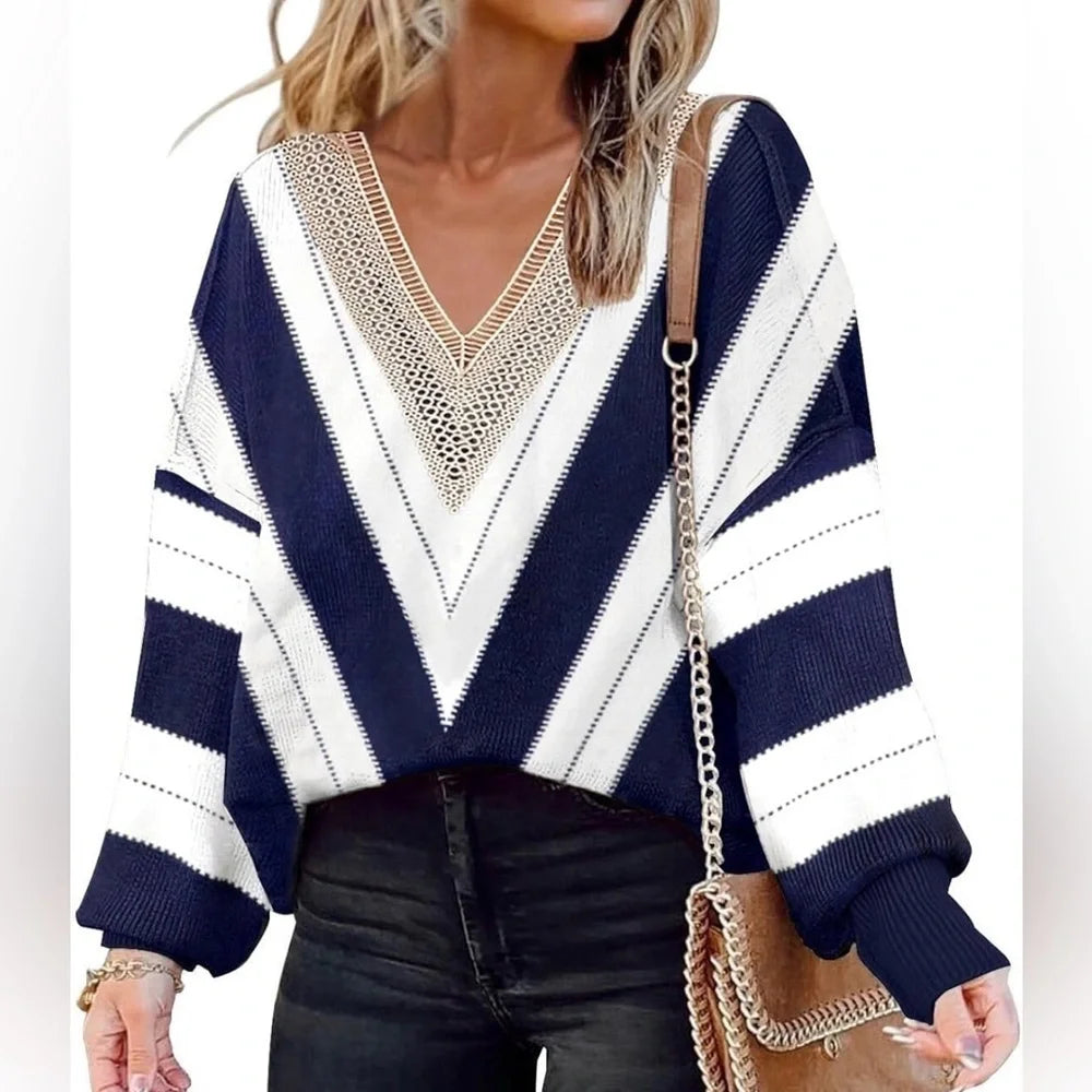 Lace V‑Neck Color Block Striped Oversized Sweater – Green, Nylon‑Viscose Knit, Fall Essential -US2D