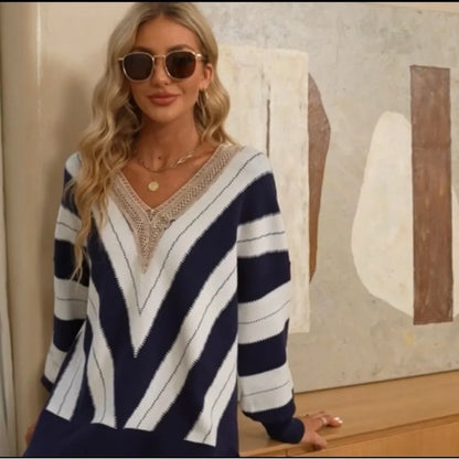 Lace V‑Neck Color Block Striped Oversized Sweater – Green, Nylon‑Viscose Knit, Fall Essential -US2D