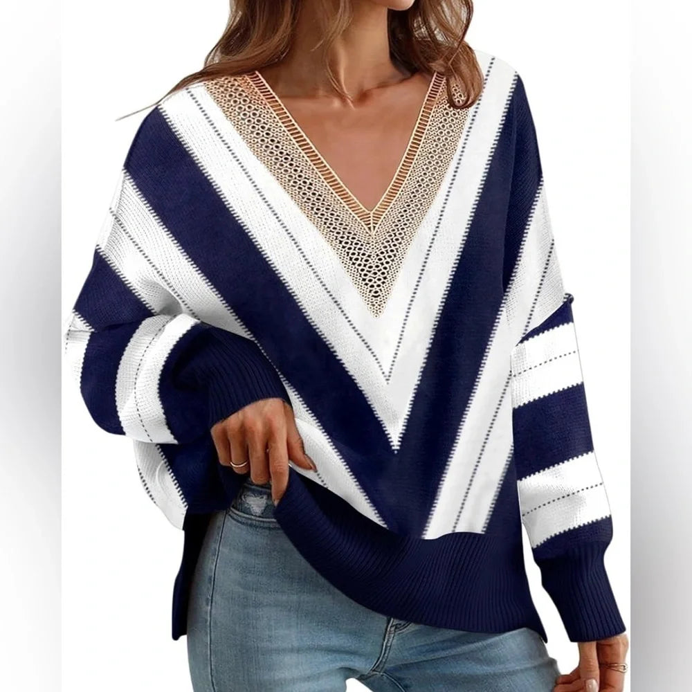 Lace V‑Neck Color Block Striped Oversized Sweater – Green, Nylon‑Viscose Knit, Fall Essential -US2D