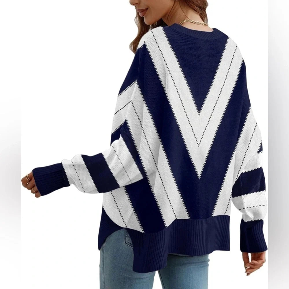 Lace V‑Neck Color Block Striped Oversized Sweater – Green, Nylon‑Viscose Knit, Fall Essential -US2D