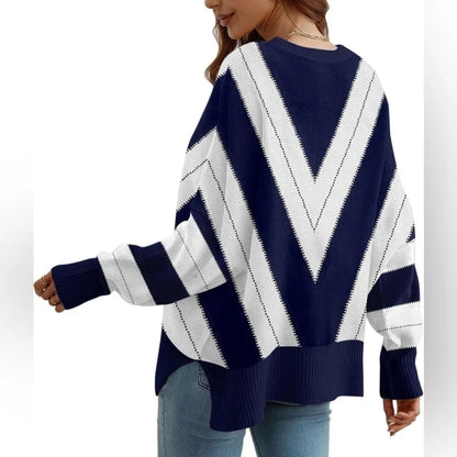 Lace V‑Neck Color Block Striped Oversized Sweater – Green, Nylon‑Viscose Knit, Fall Essential -US2D