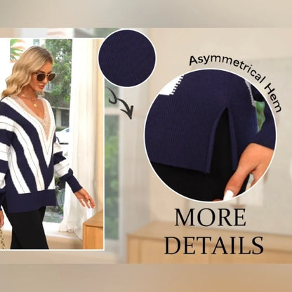 Lace V‑Neck Color Block Striped Oversized Sweater – Green, Nylon‑Viscose Knit, Fall Essential -US2D
